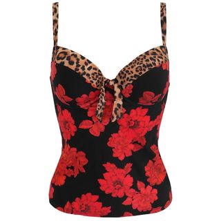 St Lucia Padded Underwired Tankini Top - Rose/leopard