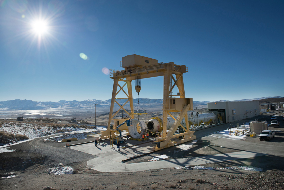 The first qualification motor for NASA&#039;s Space Launch System booster sits in the test stand of Orbital ATK&#039;s facility in Promontory, Utah, ready for a static-fire test on March 11, 2015.