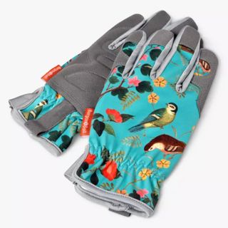 Bird print gardening gloves in blue