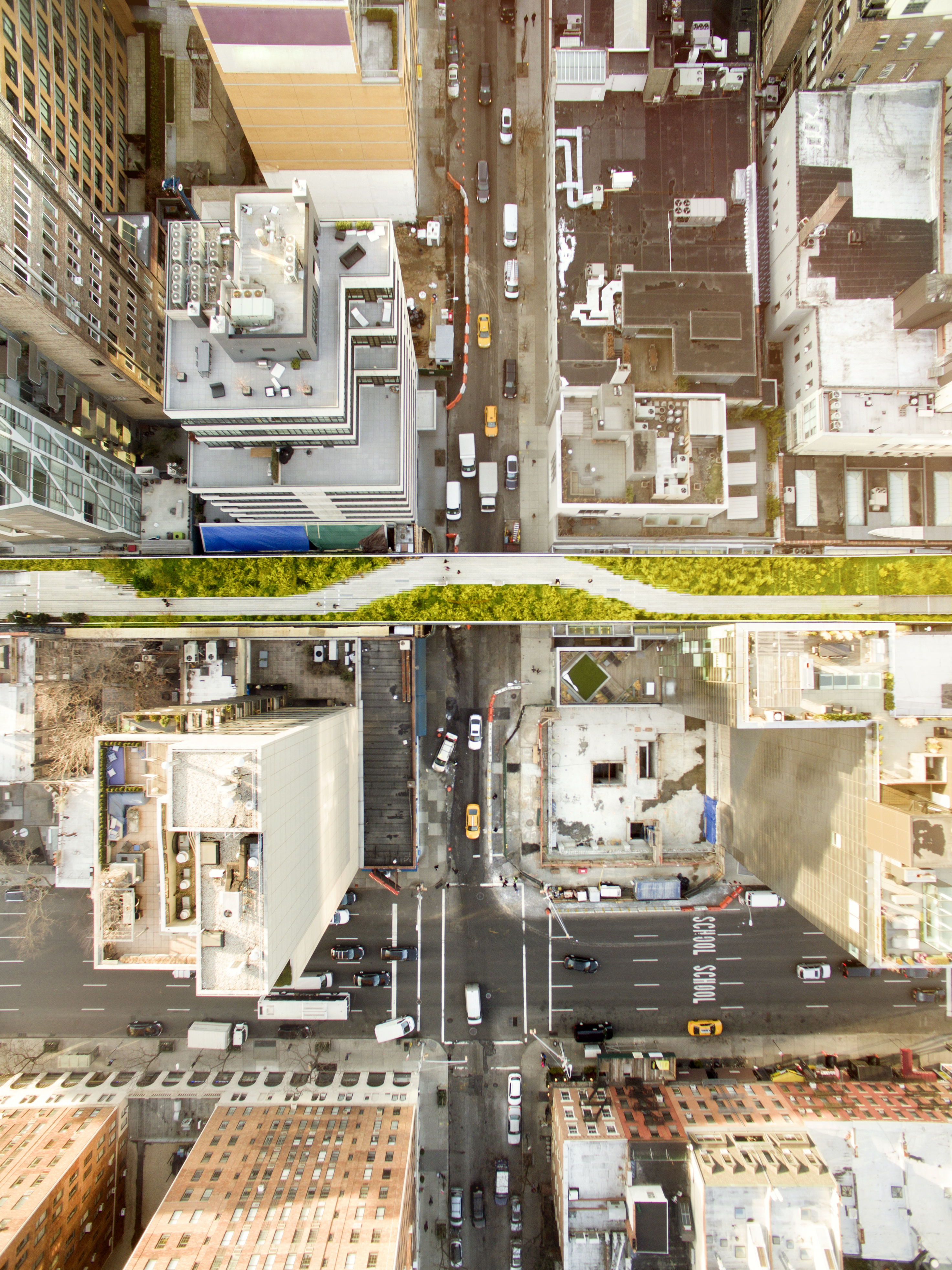 Aerial view of The High Line cutting through New York streets