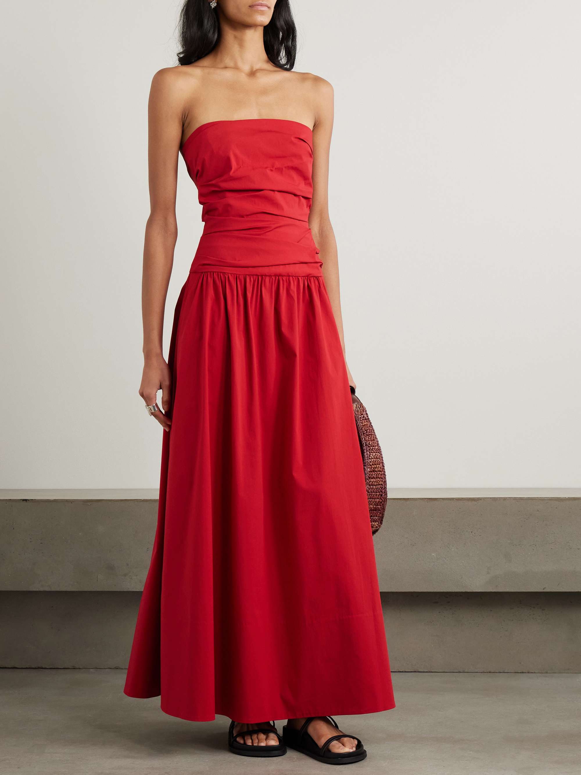 Strapless Tie-Back Crinkled Cotton-Blend Maxi Dress