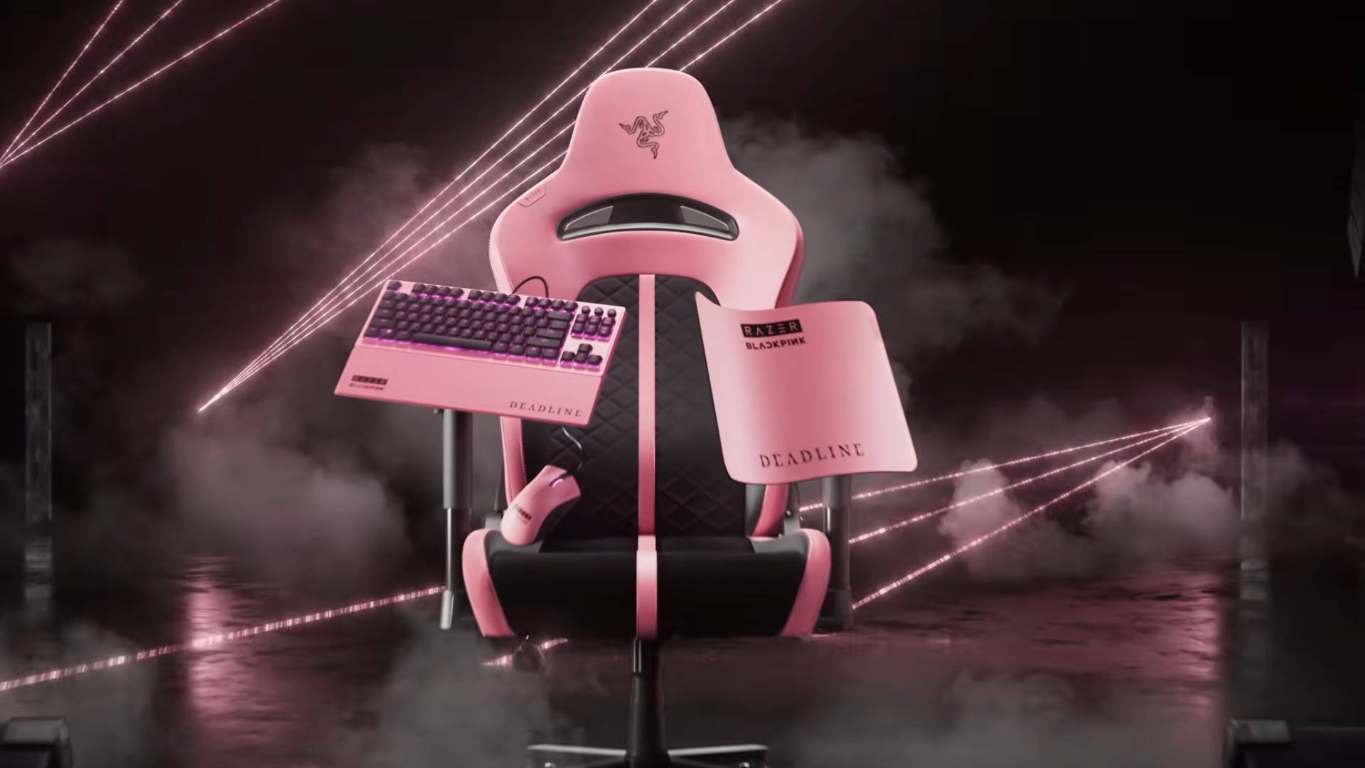 Screenshot from the BLACKPINK x Razer Collection YouTube video showing the entire range of the pink products on a black background.
