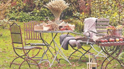 Autumn garden with metal furniture on a lawn surrounded by leaves and accessories