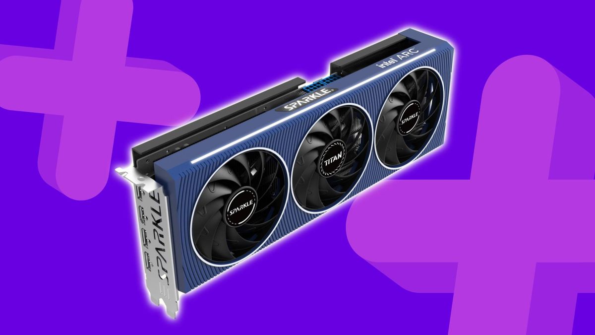 Intel Arc A770 graphics card with GamesRadar+ logos in backdrop