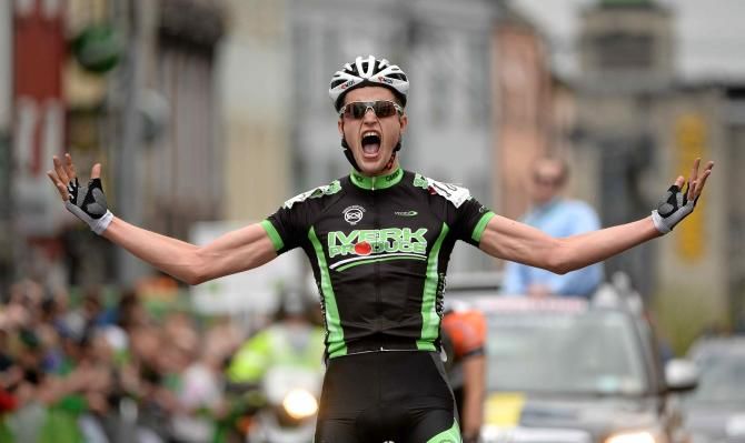 Conor Dunne (Carrick Iverk) celebrates his stage win at the Ras