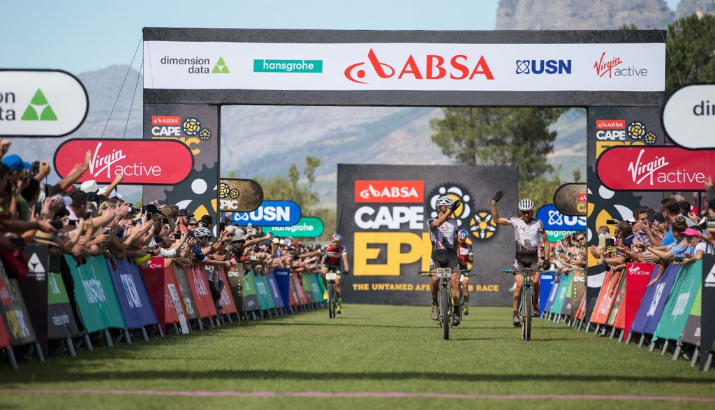 Christoph Sauser and and Jaroslav Kulhavy (Investec-Songo-Specialized) finish their last Cape Epic stage together