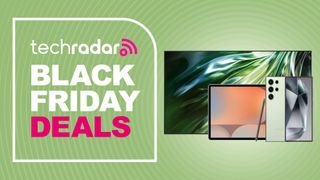 Assorted Samsung products on green background with black friday deals text overlay