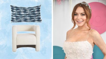 Lindsay lohan in a white dress next to a picture of a coastal blue pillow and boucle white chair on a blue background