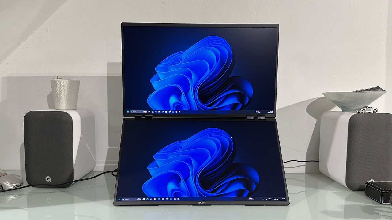 The Acer PD243Y E portable monitor in a home office during our testing