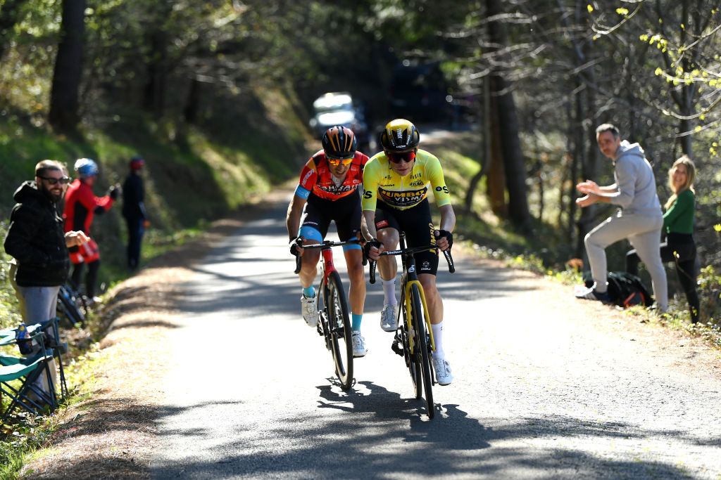 SANTURTZI SPAIN APRIL 06 Jonas Vingegaard of Denmark and Team Jumbo Visma Yellow Leader Jersey and Mikel Landa of Spain and Team Bahrain Victorious compete in the breakaway during the 62nd Itzulia Basque Country Stage 4 a 1757km stage from Santurtzi to Santurtzi UCIWT on April 06 2023 in Santurtzi Spain Photo by David RamosGetty Images
