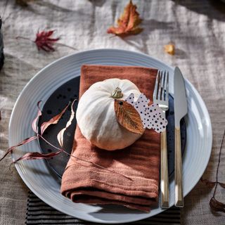 An autumn-themed plate setting with a pumpkin