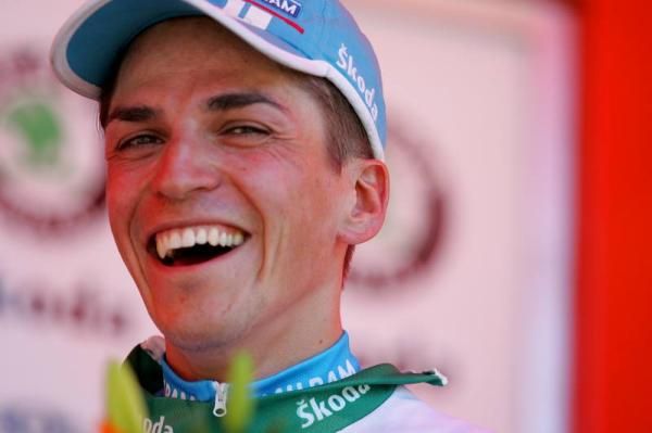 Thomas Rohregger (Milram) was all smiles as he received his KOM jersey.