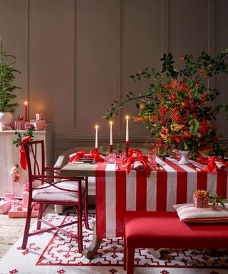 Red decor in Christmas dining room