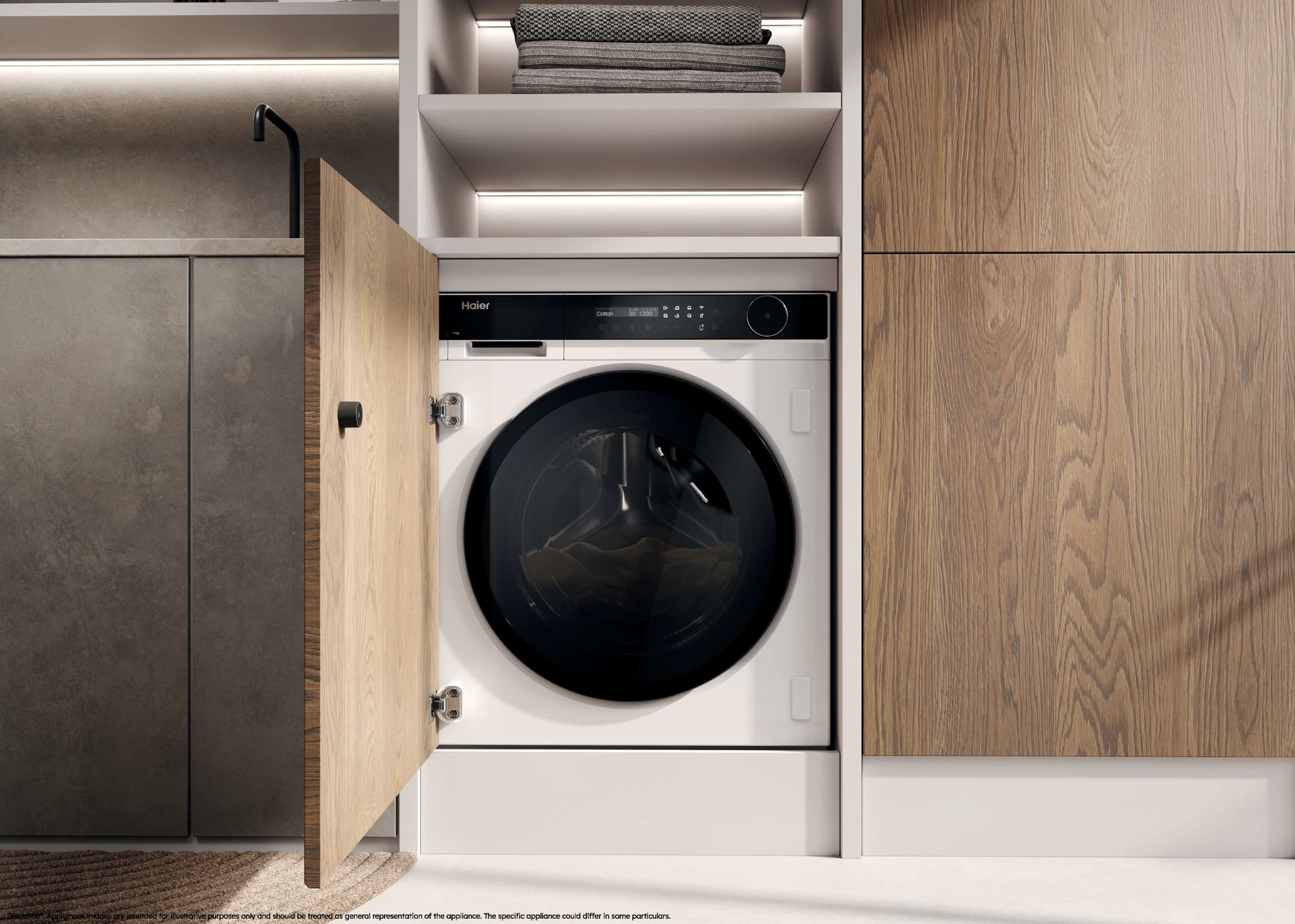 A close-up of a washing machine in an open cabinet