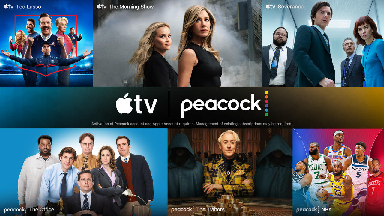 Apple TV and Peacock bundle graphic with shots of various shows on the two streaming services