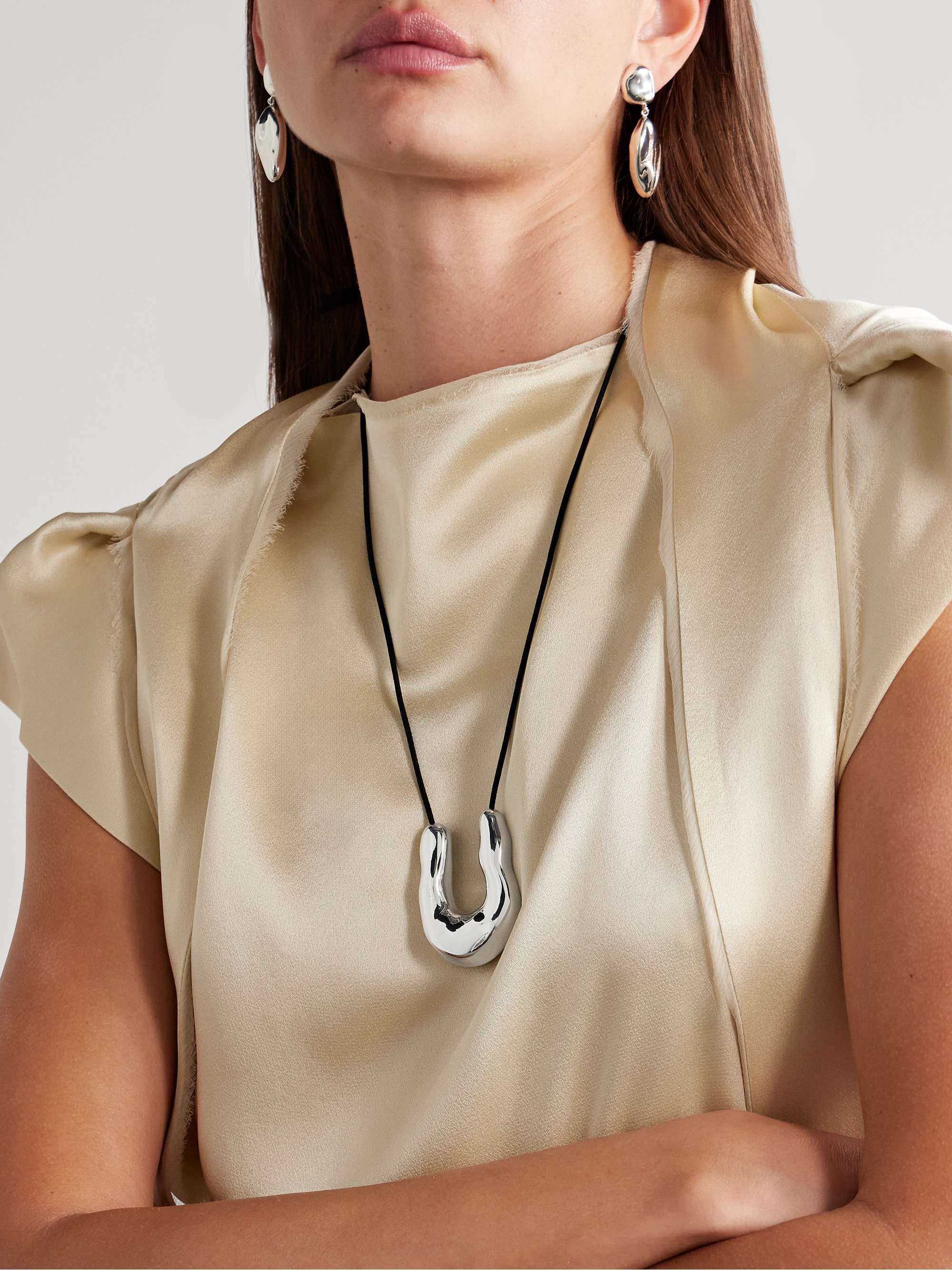 Large fork neck suede and sterling silver necklace