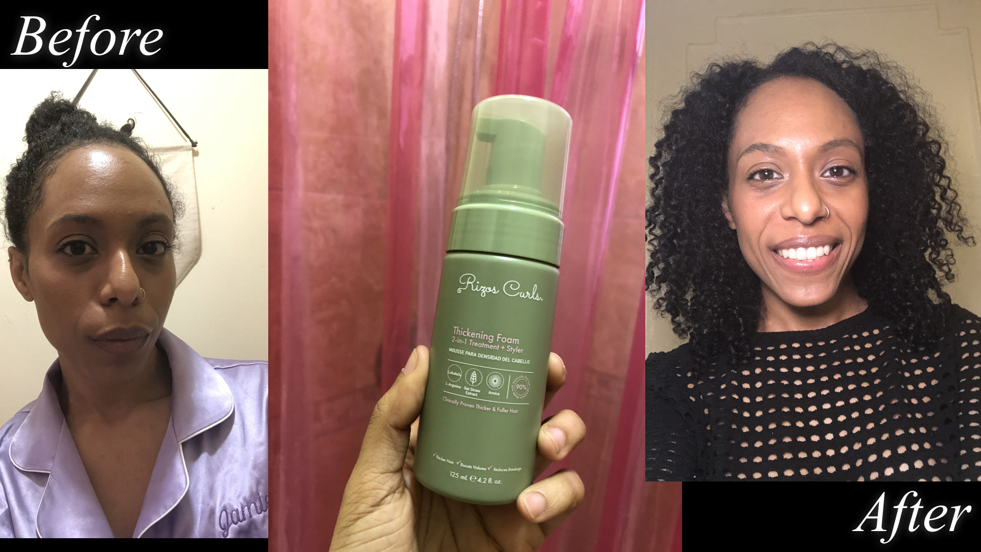 Jamie Wilson before, during, after application of the Rizos Curls Thickening Foam: 2-In-1 Treatment + Styler.