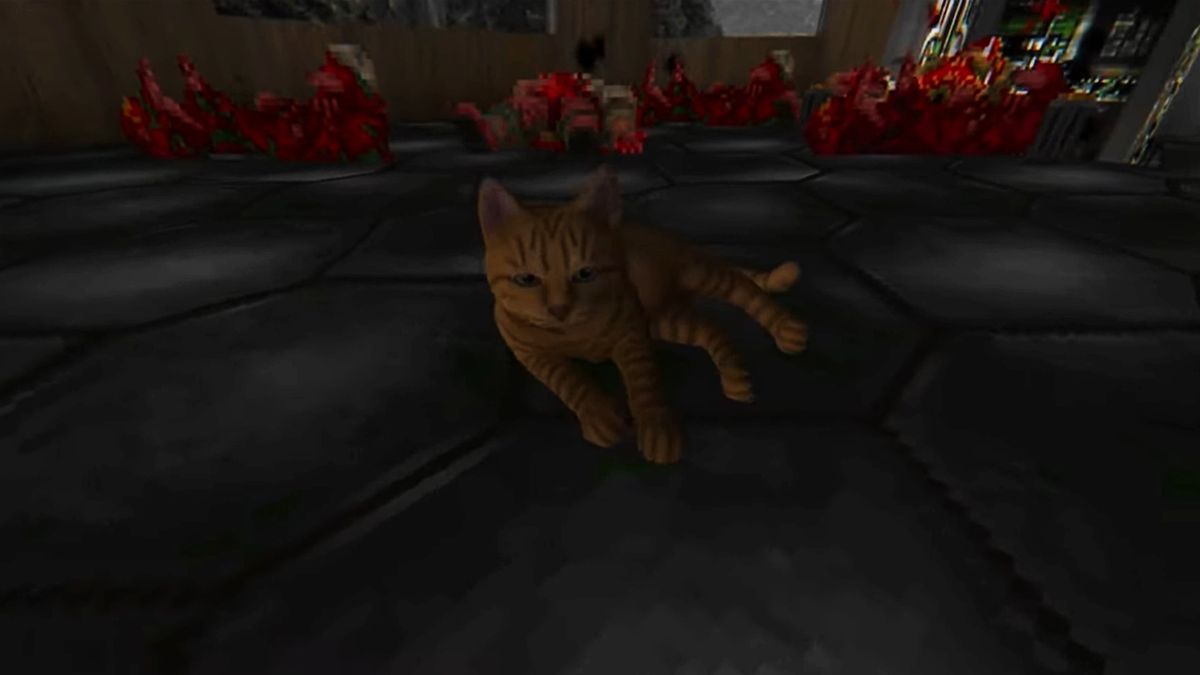 Stray&#039;s cat lies down in one of Doom&#039;s classic levels