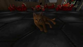 Stray's cat lies down in one of Doom's classic levels