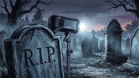 AI image generated of a Godox flash head in a graveyard at dusk