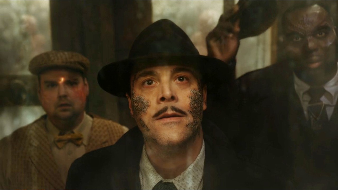 Andrew Lewis Caldwell, Abraham Popoola, and Jack Huston looking in Spider-Noir.