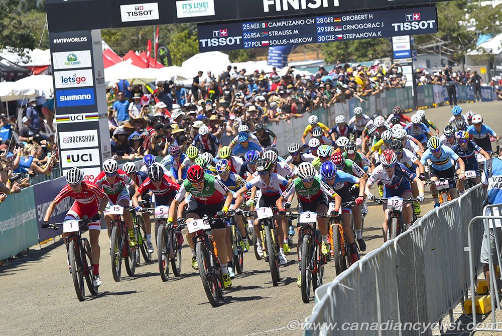 Annika Langvad (Denmark) and Linda Indergand (Switzerland) leading at start