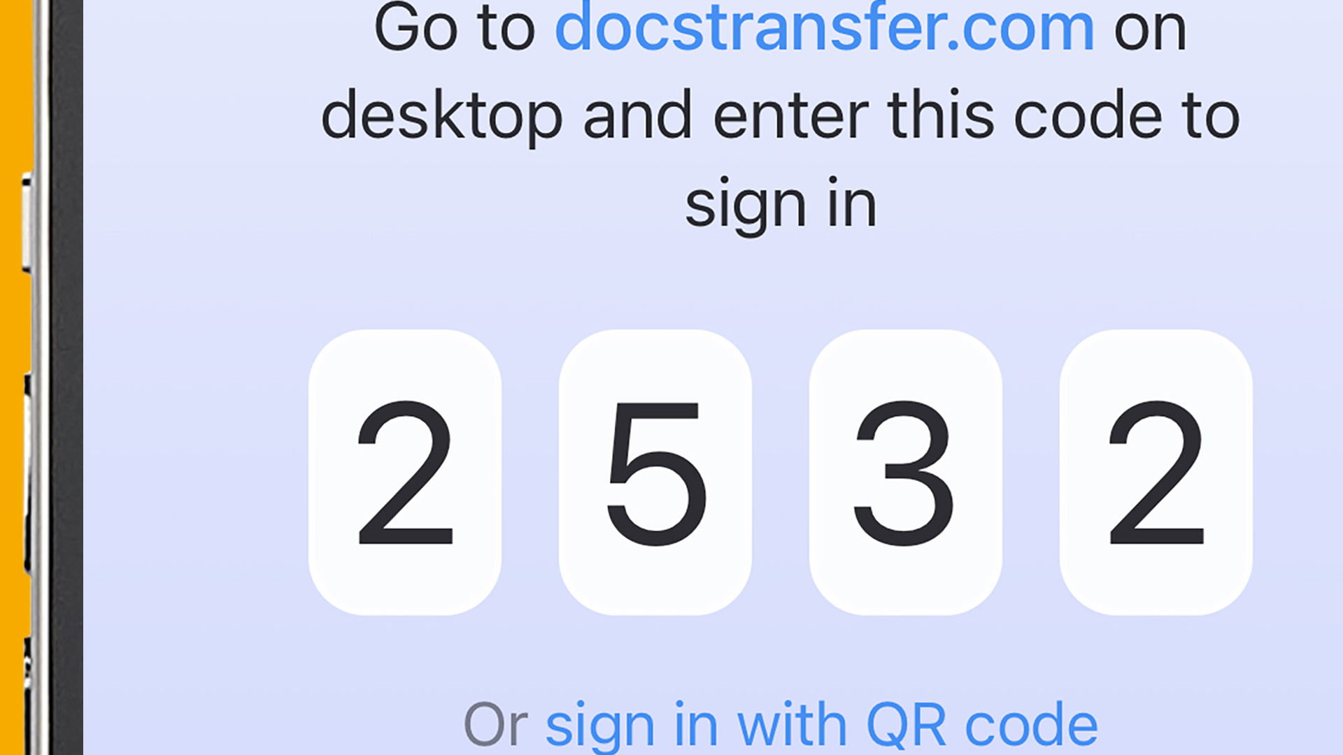 An iPhone screen showing a code for transferring docs