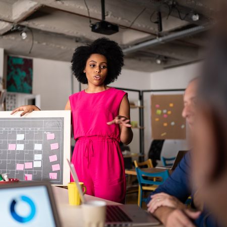 A young woman presents her ideas to colleagues in a conference room. 