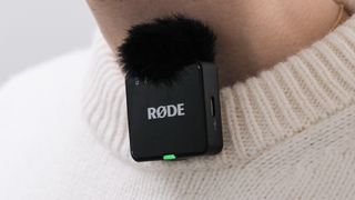 Rode Wireless Go Gen 3 microphone attached to a collar