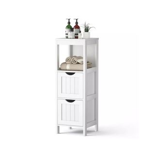 Freestanding bathroom slim cabinet with drawers and open shelving in White
