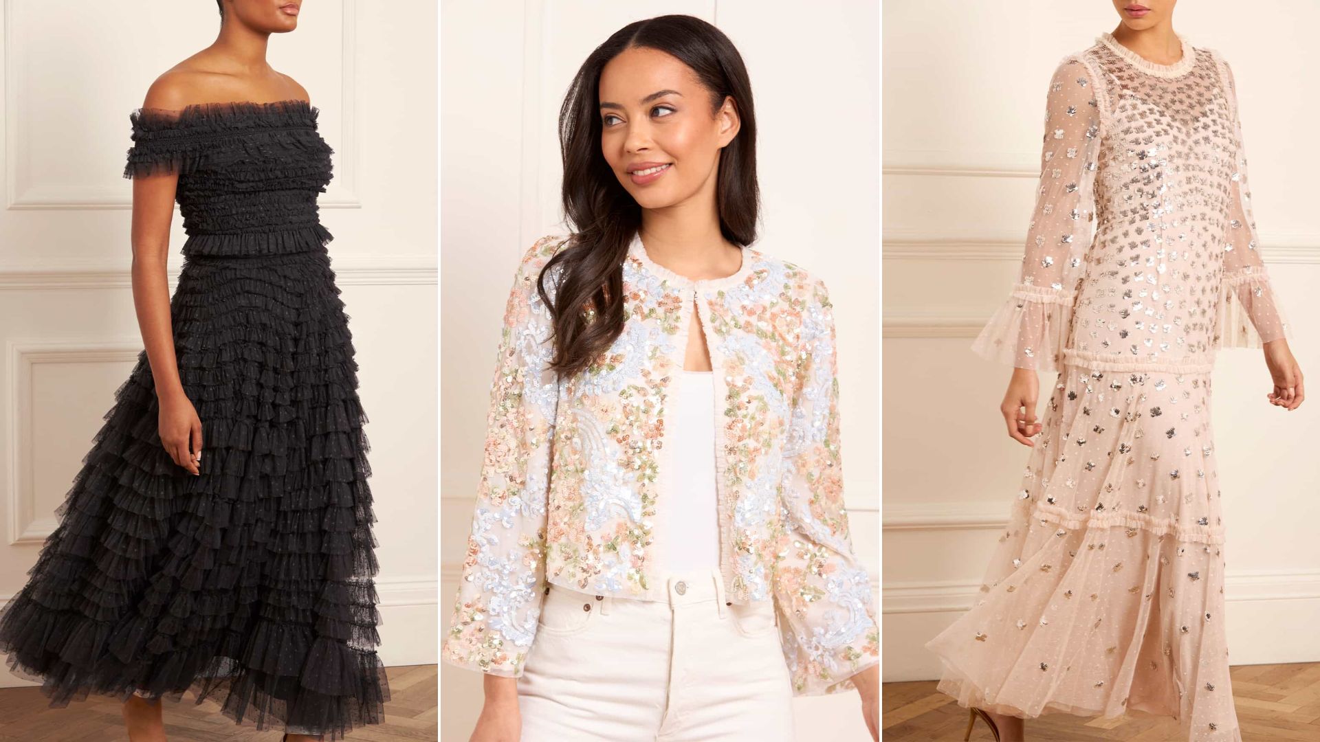 Three models wear different outfits from Needle & Thread