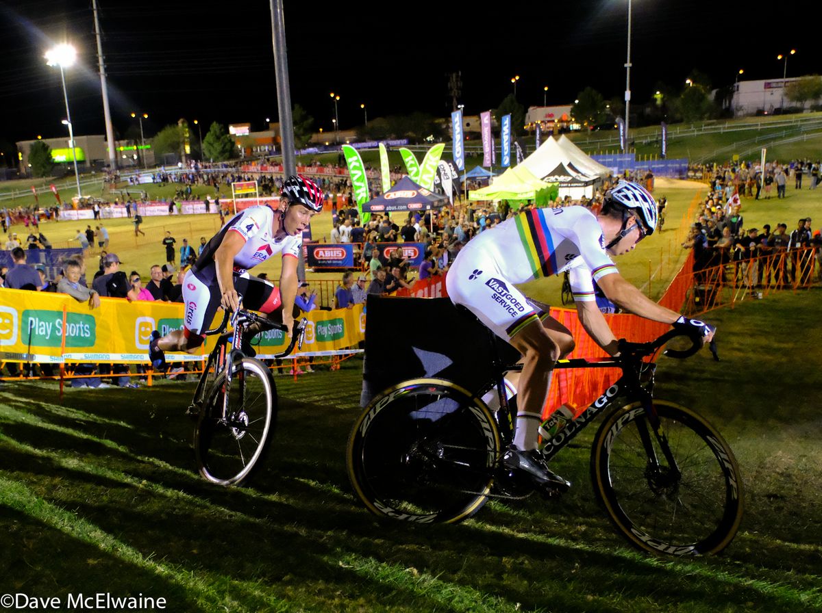 World Champion Wout Van Aert (CRELAN-VASTGOEDSERVICE) leading Laurens Sweeck late in the race.