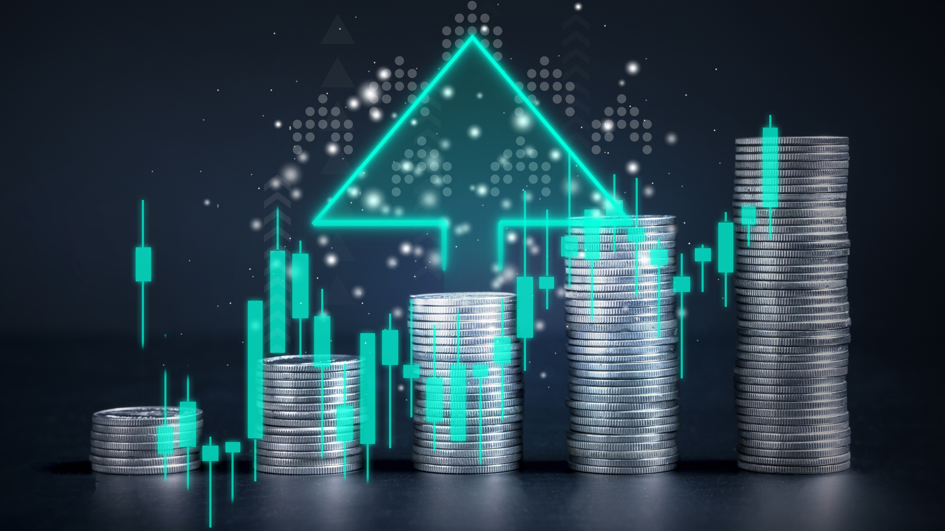 Five stacks of coins that get subsequently taller with a digitized up arrow superimposed on top.