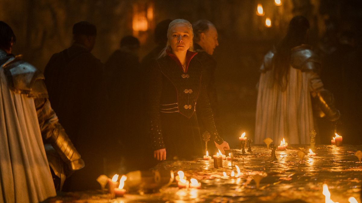 Rhaenyra Targaryen (Emma D&#039;Arcy) stands at the candlelit war table in episode 10 of House of the Dragon