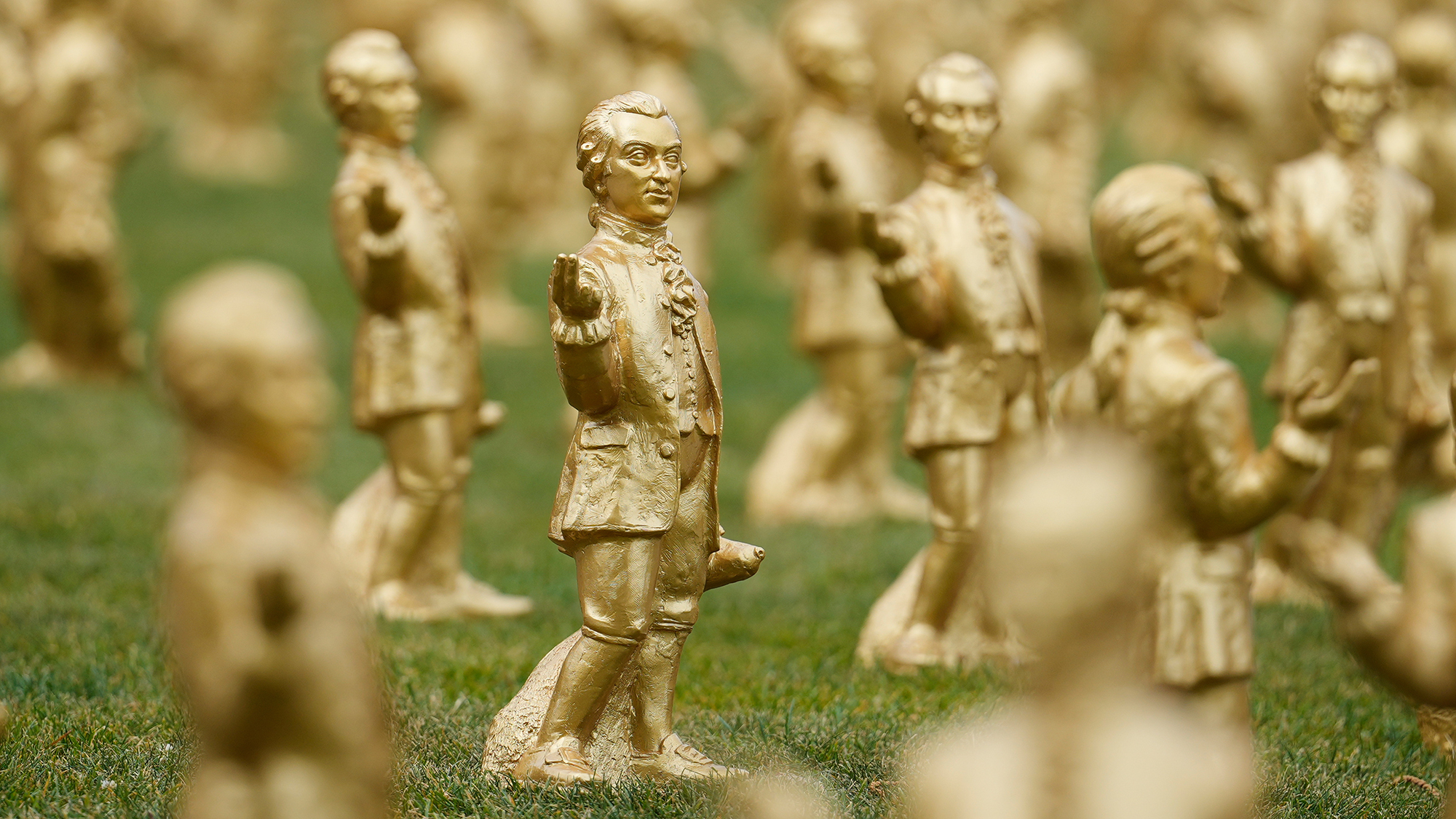 Hundreds of miniature plastic Mozart sculptures by German artist Ottmar H&amp;ouml;rl are displayed to celebrate the 270th birthday of composer Wolfgang Amadeus Mozart in Salzburg, Austria