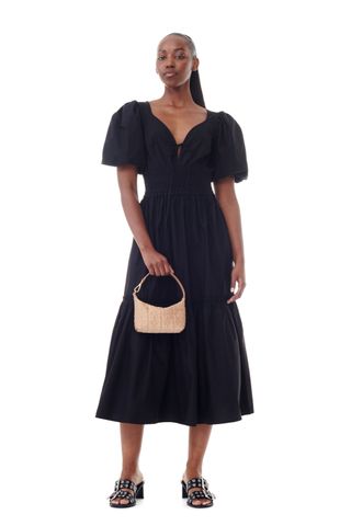 Black Cotton Poplin Long Smock Dress