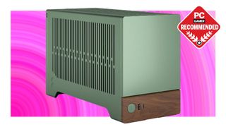 Fractal Design Terra Mini-ITX gaming PC case in Jade green color on a pink background with a PC Gamer Recommended label on top