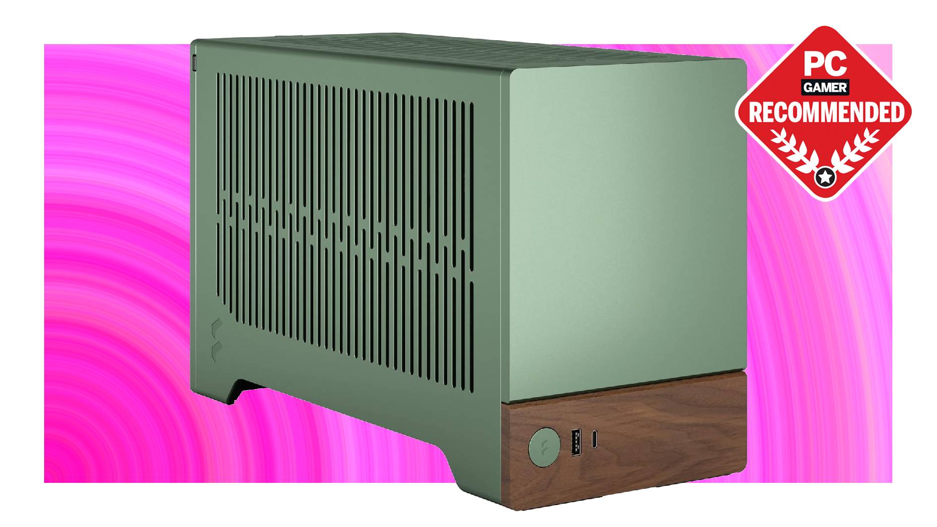 Fractal Design Terra Mini-ITX gaming PC case in Jade green color on a pink background with a PC Gamer Recommended label on top