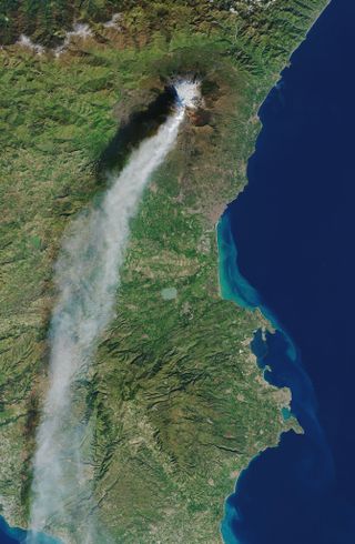 NASA's Earth-observing satellite Landsat 8 captured this remarkable view of a flank eruption of Mount Etna. This type of eruption occurs when lava flows out of the side of a volcano rather than the top. Mount Etna erupted on Christmas Eve (Dec. 24, 2018), and Landsat 8 captured this image four days later as lava continued to flow.