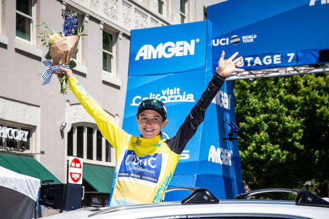 Katie Hall (UnitedHealthcare) celebrates her overall victory at the 2018 Amgen Women's Race
