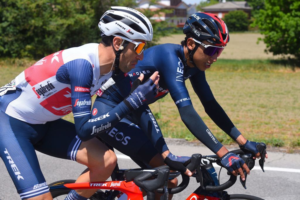 Team TrekSegafredo rider Italys Vincenzo Nibali and Team Ineos rider Colombias Egan Bernal R ride sidebyside at the start of the fifth stage of the Giro dItalia 2021 cycling race 177 km between Modena and Cattolica EmiliaRomagna on May 12 2021 Photo by Dario BELINGHERI AFP Photo by DARIO BELINGHERIAFP via Getty Images