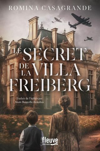 The cover of the book Le Secret de la Villa Freiberg showing two children looking at an old house as planes fly past