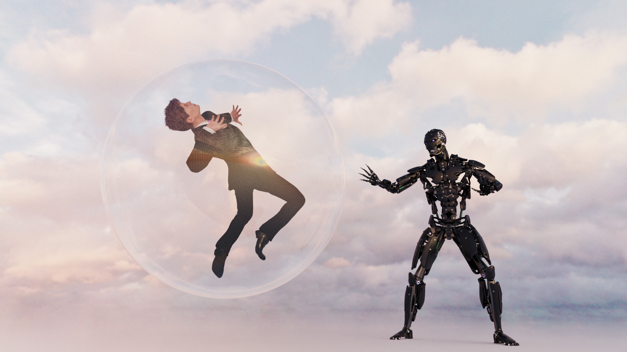 Robot with business man suspended in transparent sphere