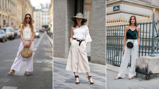 A composite of street style influencers showing how to style linen pants with a top for work