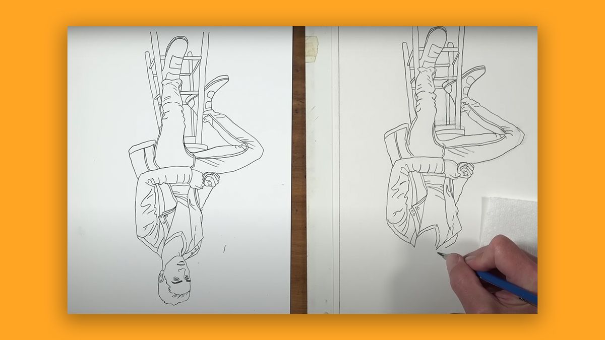 Screenshot showing a hand drawing a picture of a man upside-down