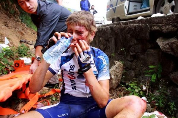 Johnathon Lovelock (Savings and Loans) was lucky to escape serious injury after falling into a ditch on the descent.
