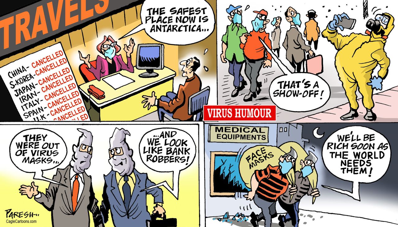 Editorial Cartoon World Coronavirus COVID-19 pandemic air travel face masks markets selfies