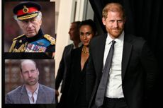 A comp image of King Charles (top left), Prince William (bottom left) and Prince Harry and Meghan Markle (right)