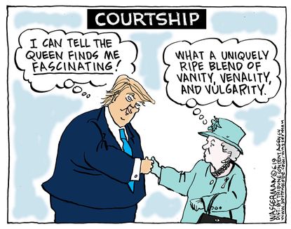 Political Cartoon U.S. Trump Queen Elizabeth First Impression