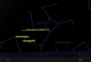 Comet Garradd continues to be a nice object in binoculars or a small telescope, an 8th magnitude comet slowly crossing Hercules.